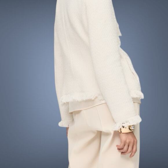 MANGO Pocket Cream Boucle' Fringe Tweed jacket Women's Blazer M (4) REF17087813 - Picture 8 of 16